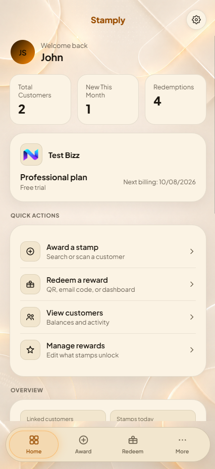 Stamply provider dashboard with quick actions to award a stamp, redeem a reward, view customers, and manage rewards