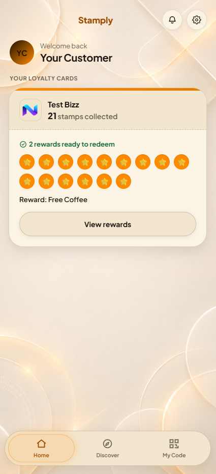 A customer's Stamply loyalty card, showing their stamp progress toward a reward